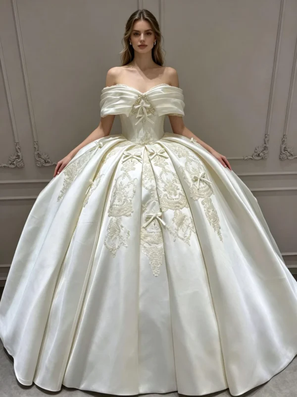 Off-the-Shoulder Heavy Satin Ball Gown featuring Embroidered Lace and Bow Details