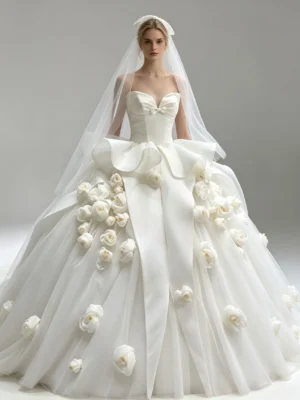 3D Floral Ball Gown Wedding Dress - Satin and Tulle Bridal Gown with Roses