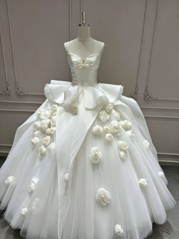 3D Floral Ball Gown Wedding Dress - Satin and Tulle Bridal Gown with Roses