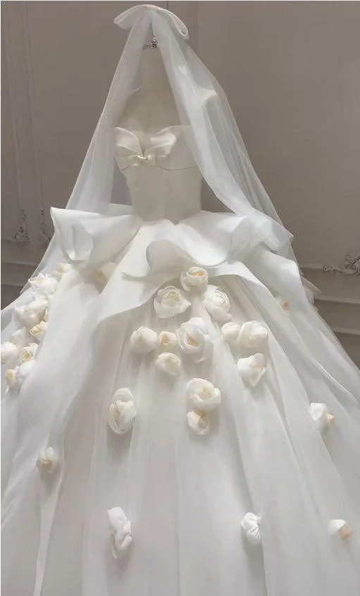 3D Floral Ball Gown Wedding Dress - Satin and Tulle Bridal Gown with Roses