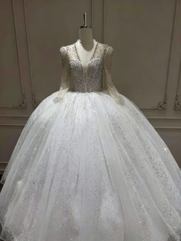Opulent Long Sleeve Wedding Dress with Shimmering Tulle
