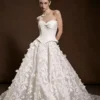 Modern Strapless Sweetheart Satin Corset Wedding Dress featuring 3D Leaf Lace Ball Gown Skirt
