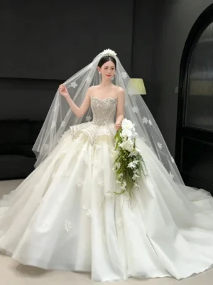 Sparkle Bodice Floral Tulle Puffy Wedding Dress With Long Veil