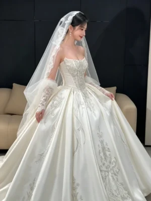 Strapless Satin Lace Beaded Ballgown Wedding Dress