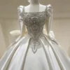 Square Neck Puff Sleeve Beaded Satin Ballgown Wedding Dress With Big Bow