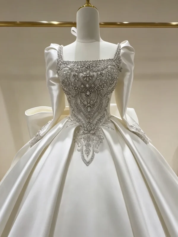 Square Neck Puff Sleeve Beaded Satin Ballgown Wedding Dress With Big Bow