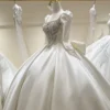 Square Neck Puff Sleeve Beaded Satin Ballgown Wedding Dress With Big Bow