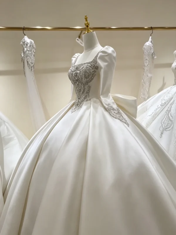 Square Neck Puff Sleeve Beaded Satin Ballgown Wedding Dress With Big Bow