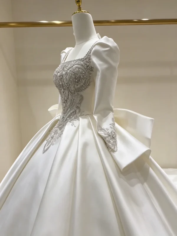 Square Neck Puff Sleeve Beaded Satin Ballgown Wedding Dress With Big Bow