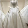 Square Neck Puff Sleeve Beaded Satin Ballgown Wedding Dress With Big Bow