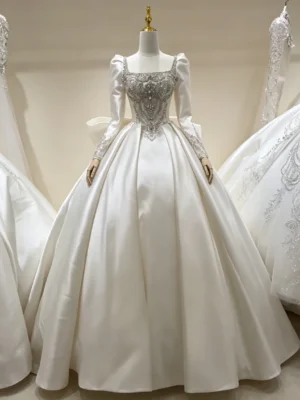 Square Neck Puff Sleeve Beaded Satin Ballgown Wedding Dress With Big Bow