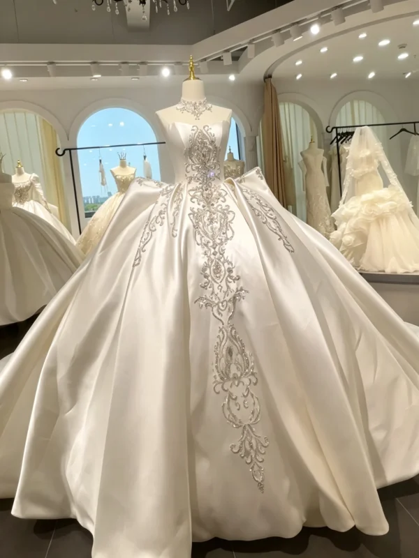 Sweetheart Neck Beaded Satin Ballgown Wedding Dress