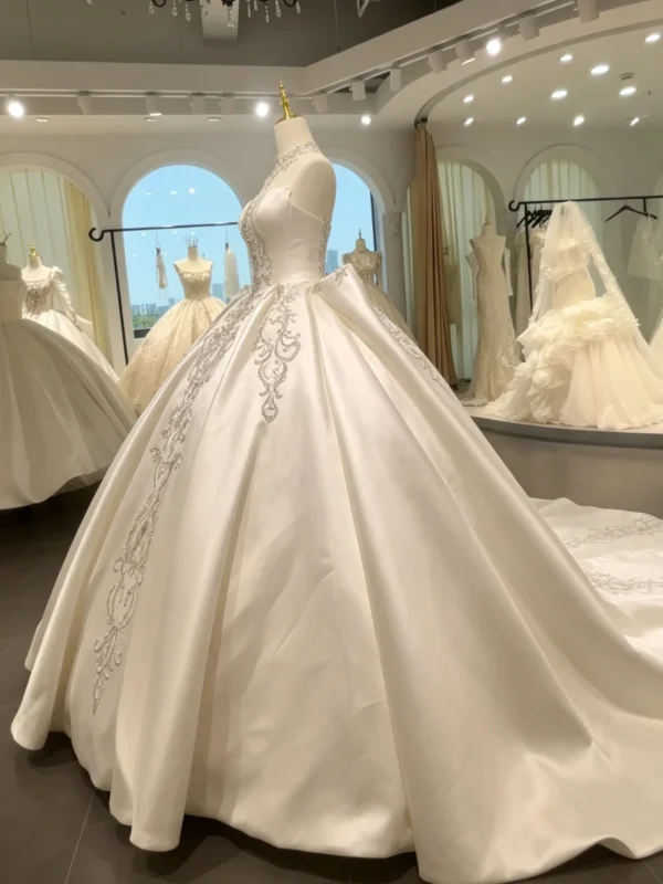 Sweetheart Neck Beaded Satin Ballgown Wedding Dress