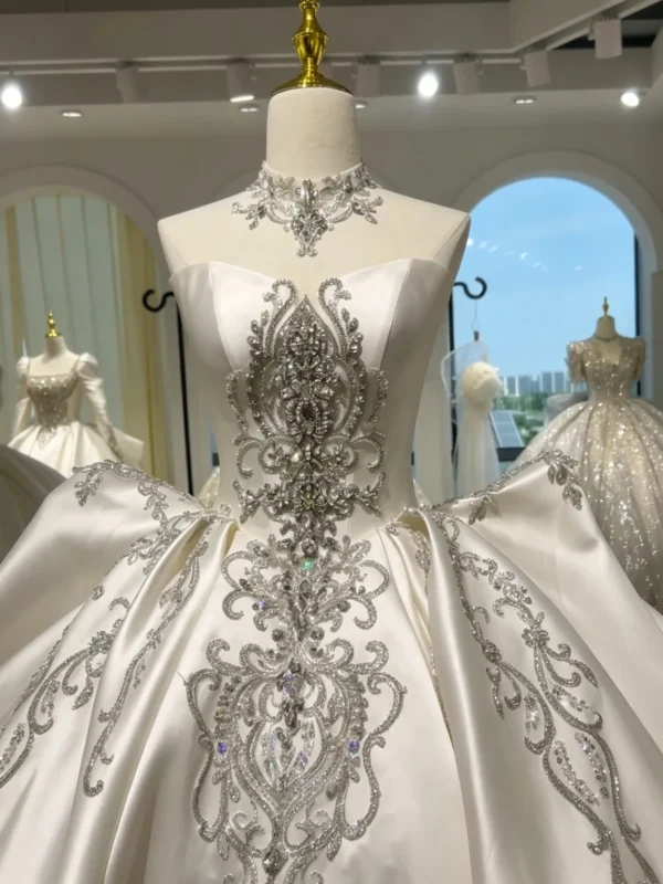 Sweetheart Neck Beaded Satin Ballgown Wedding Dress