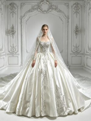 Off Shoulder Heavy Beading Satin Ball Wedding Dress