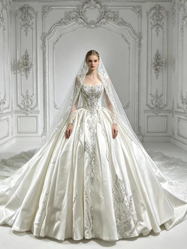 Off Shoulder Heavy Beading Satin Ball Wedding Dress