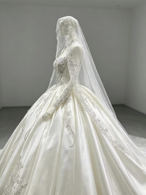 Off Shoulder Heavy Beading Satin Ball Wedding Dress