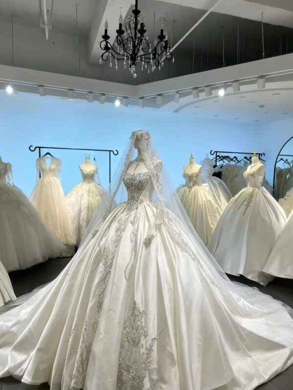 Off Shoulder Heavy Beading Satin Ball Wedding Dress