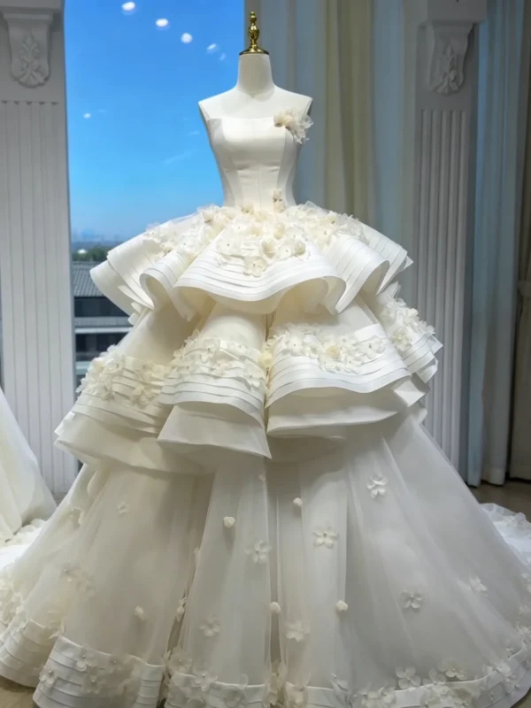 Strapless 3D Floral Ruffled Ballgown Wedding Dress