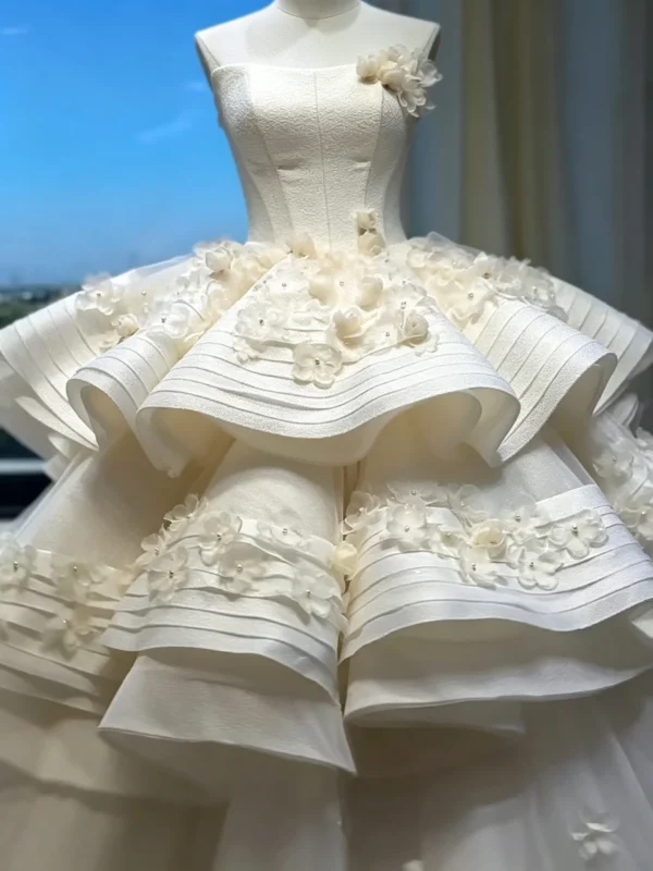 Strapless 3D Floral Ruffled Ballgown Wedding Dress