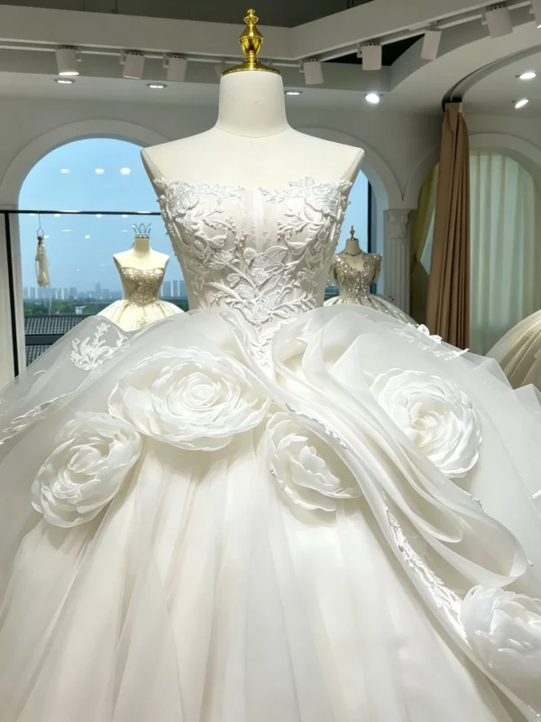 Strapless Tulle Bridal Gown with Cascading 3D Flowers
