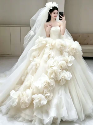 Whimsical Strapless Ball Gown with Cascading 3D Organza Flowers