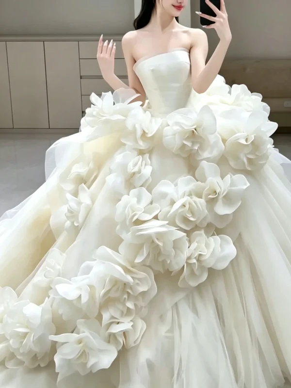 Whimsical Strapless Ball Gown with Cascading 3D Organza Flowers