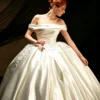 Luxury Pearl Beaded Off-the-Shoulder Satin Ball Gown Wedding Dress