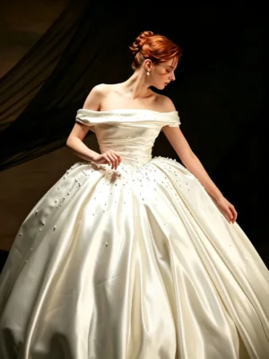 Luxury Pearl Beaded Off-the-Shoulder Satin Ball Gown Wedding Dress