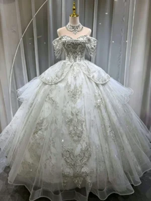Luxury Sparkly Off-the-Shoulder Ball Gown Wedding Dress