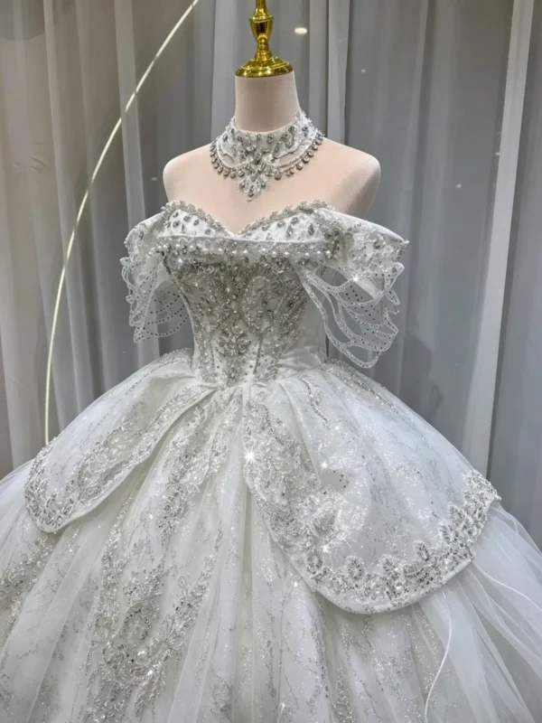 Luxury Sparkly Off-the-Shoulder Ball Gown Wedding Dress