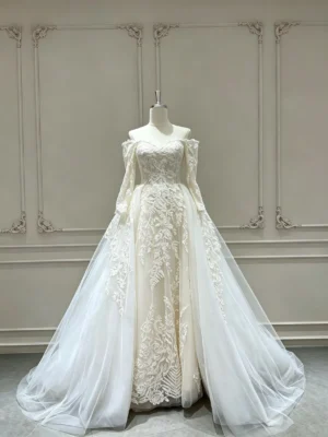 Whimsical Garden Wedding Dress with Illusion Long Sleeves