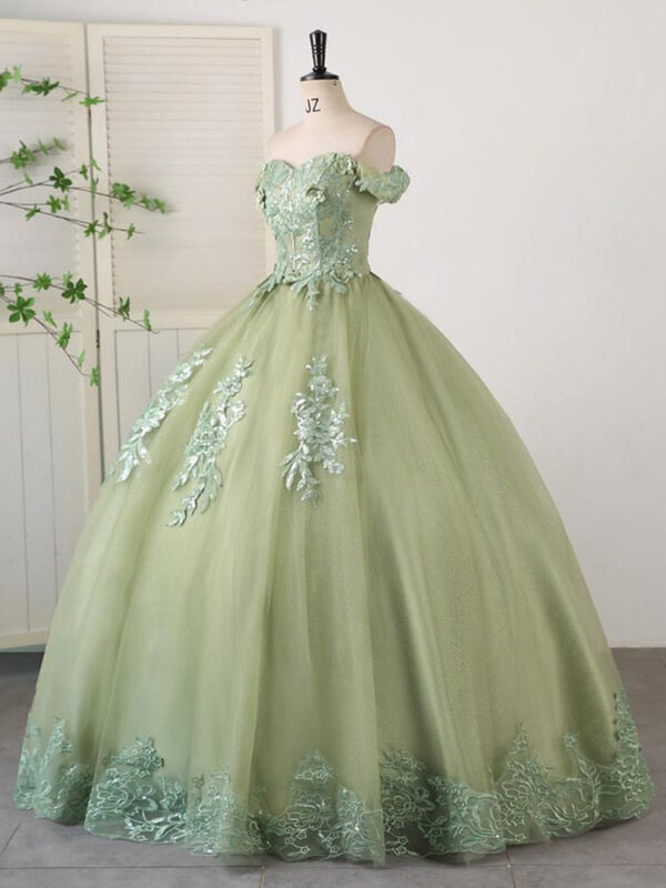 Sage Green Leaf Lace Glitz Sweet 16 Dress