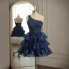 Navy Blue Sequin One-Shoulder Tiered Mini Dress