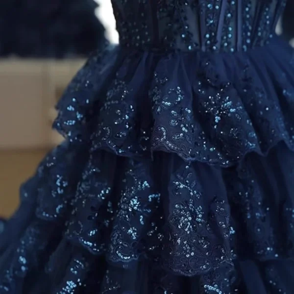 Navy Blue Sequin One-Shoulder Tiered Mini Dress