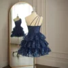 Navy Blue Sequin One-Shoulder Tiered Mini Dress