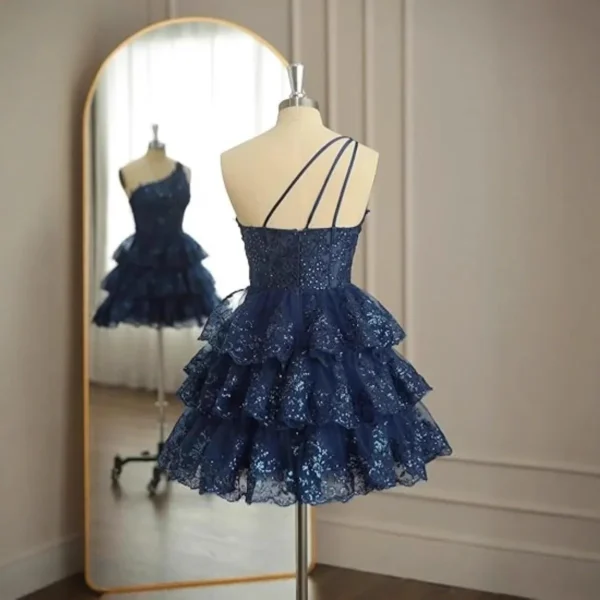 Navy Blue Sequin One-Shoulder Tiered Mini Dress