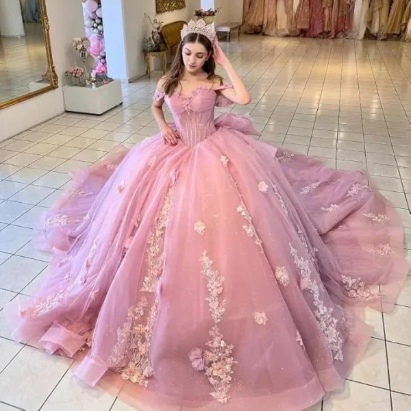 Pink Off-Shoulder Corset Tulle Sweet 16 Ball Gown