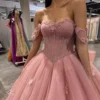 Pink Off-Shoulder Corset Tulle Sweet 16 Ball Gown