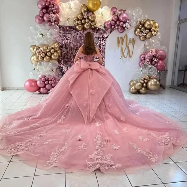 Pink Off-Shoulder Corset Tulle Sweet 16 Ball Gown