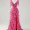 Fuchsia Floral Print Tiered Tulle Sweet 16 Dress