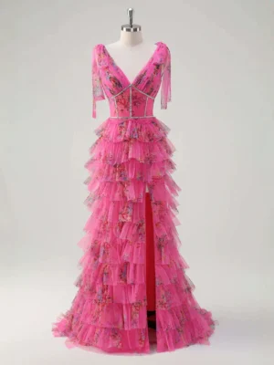 Fuchsia Floral Print Tiered Tulle Sweet 16 Dress