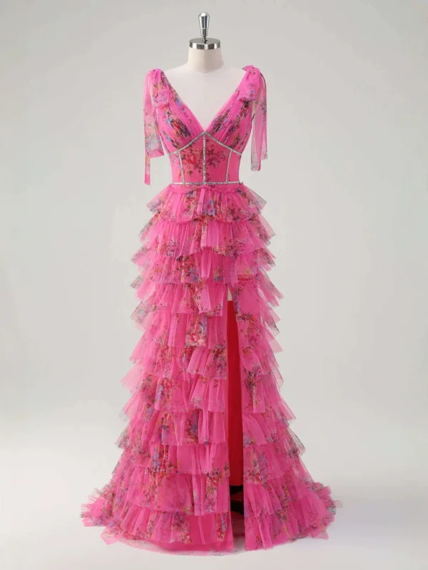 Fuchsia Floral Print Tiered Tulle Sweet 16 Dress