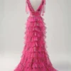 Fuchsia Floral Print Tiered Tulle Sweet 16 Dress