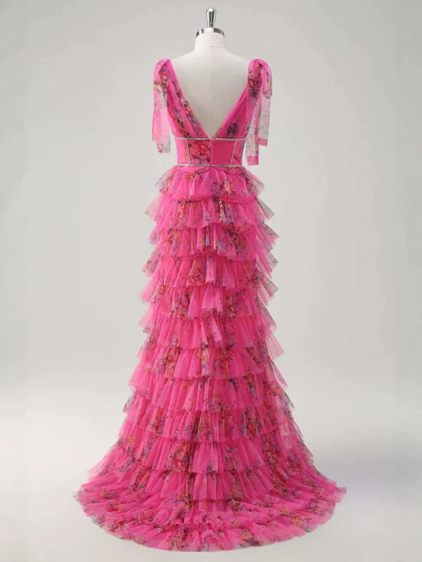 Fuchsia Floral Print Tiered Tulle Sweet 16 Dress