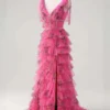 Fuchsia Floral Print Tiered Tulle Sweet 16 Dress