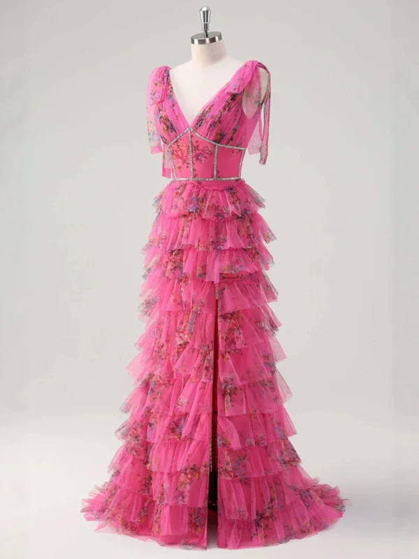 Fuchsia Floral Print Tiered Tulle Sweet 16 Dress