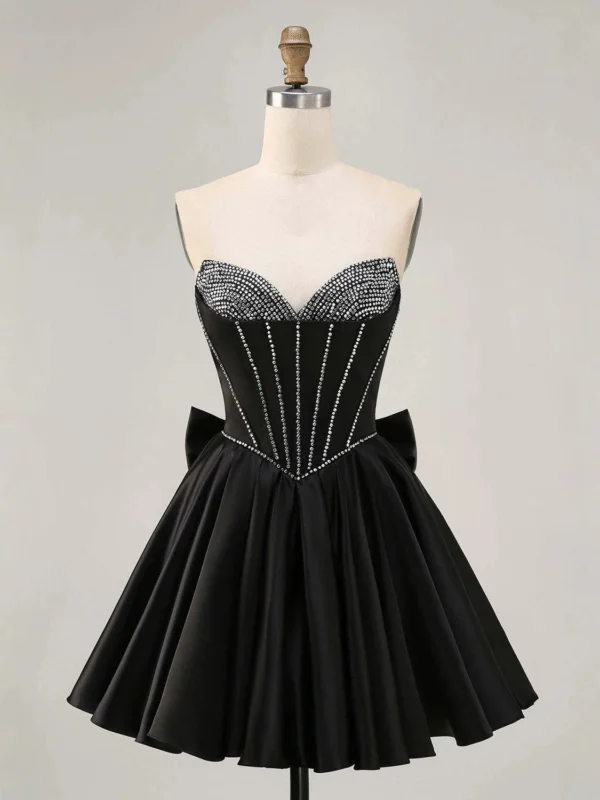 Black Satin Rhinestone Corset Sweet 16 Dress