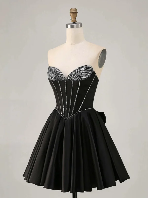 Black Satin Rhinestone Corset Sweet 16 Dress