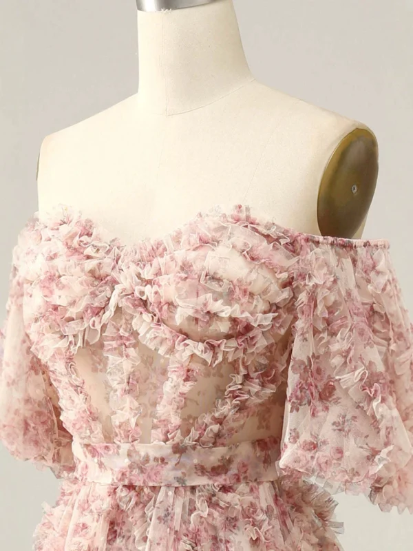 Blush Pink Floral Puff Sleeve Sweet 16 Dress